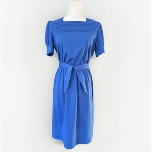 Vintage Square Neck Midi Dress PS Belted Fit Flare Pintuck Modest Union Made USA